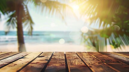 Wall Mural - Blur Tropical summer beach with sun light abstract background and wood table for montage with copy space  Beautiful summer vacation and business nature travel concept : Generative AI