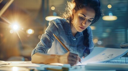 Fototapete - Young female architect and designer working on blueprint project of new apartments Photo concept of work on technical drawings : Generative AI