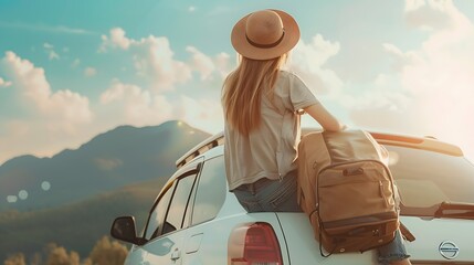 Woman traveler sitting on hatchback car with mountain background in vintage tone : Generative AI