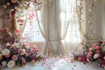 luxurious white room for wedding background with bouquet flora generative AI