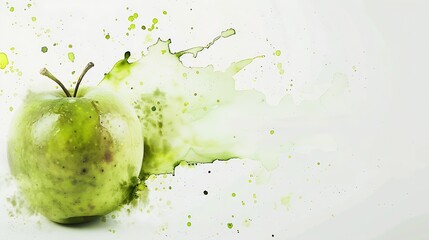 Poster - Creative layout made of green apple with watercolor spots on the white background Flat lay Food concept : Generative AI