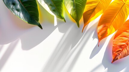 Fototapete - Creative layout of colorful riskus leaves on a white background in the rays of the sun with shadows Minimal summer exotic concept with copy space : Generative AI