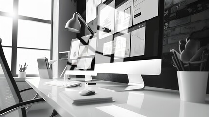 Poster - Flat black and white web design studio page layout on modern computer display with flying page layout modules concept : Generative AI