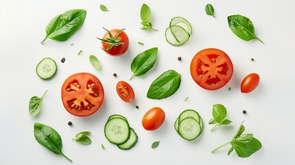 Poster - Creative layout made of tomato cucumber and salad leaves on the white background Flat lay Food concept : Generative AI