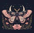 A  vintage moth with flowers and a crescent moon hovers above it creating a night landscape