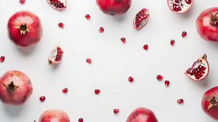 Aufkleber - Fresh pomegranate creative layout isolated on white background Healthy eating and dieting food concept Winter fruits and berries composition Top view flat lay design elements : Generative AI