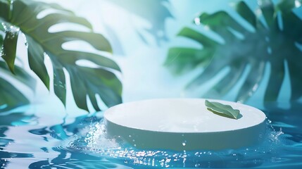 Wall Mural - Round empty podium and tropical leaves in water with waves splashes for presentation of natural cosmetics : Generative AI