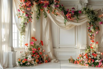 Wall Mural - luxurious white room for wedding background with bouquet flora generative AI