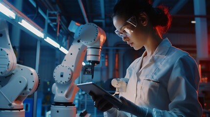 Poster - Industry 40 Modern Factory Female Engineer Uses Digital Tablet Computer with Augmented Reality to Visualize Workshop Mapping Floor Layout Facility with HighTech CNC Machinery and robot : Generative AI