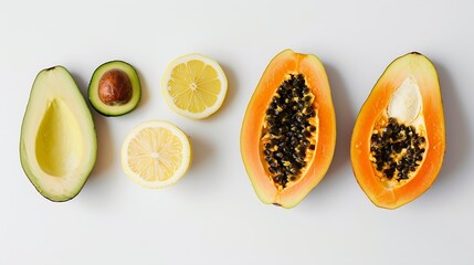 Poster - Creative layout made of papaya avocado and lemon on the white background Flat lay Food concept : Generative AI