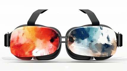 A pair of virtual reality goggles with a colorful and abstract design. The goggles are designed to provide a unique and immersive experience for the user. The design is vibrant and eye-catching