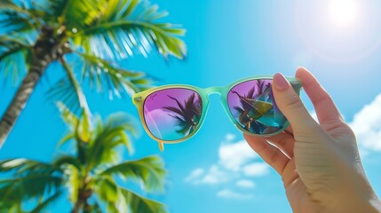 Wall Mural - Female hand holding colorful sunglasses against palm tree and blue sunny sky summer vacation holidays concept first person shot looking though glasses filtered image : Generative AI