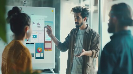 Poster - Portrait of young businessman giving presentation to colleagues Young man showing new app design layout on white board to coworkers during business presentation : Generative AI