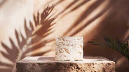 Aufkleber - Natural stone podium for beauty and spa cosmetic brand display on brown background wall with plant shadow Luxury granite material and neutral aesthetic interior scene for product place : Generative AI
