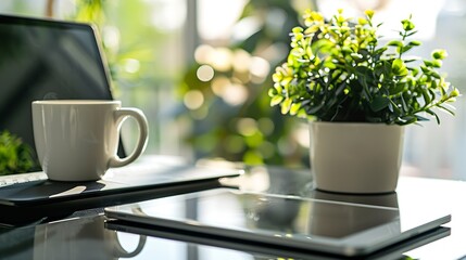 Poster - Work station with coffee mug and notebook and tablet decorating with green plant home office : Generative AI