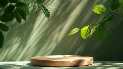 Aufkleber - Wood product display podium with nature green leaves for presentation design : Generative AI