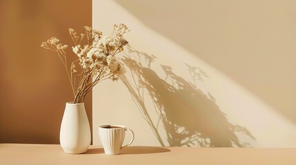 Poster - Creative composition of white vase with dry flowers and cup of coffee on brown and pastel beige background An original background image with a play of light and shadow Minimal concept : Generative AI