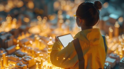 Fototapete - architect is working Architect woman holding tablet Girl planner near layout of city Girl engineer in yellow uniform Professional engineer with his back to camera Volumetric city map : Generative AI