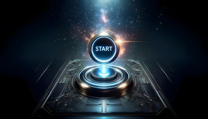 Poster - concept of 'start'. It features a large red button on a sleek, metallic surface, with the word 'START' illuminated in bold, white letters.