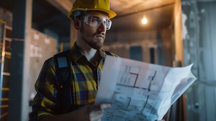Aufkleber - Portrait of an architect builder studying layout plan of the rooms serious civil engineer working with documents on construction site : Generative AI