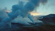 © songwut - Geothermal Glow: Venture into the depths of the Earth to capture the geothermal energy revolution, where steam rises from geothermal power plants amidst volcanic landscapes