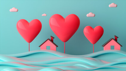 Wall Mural - A blue and pink background with a row of red hearts floating on it. The hearts are arranged in a row, with some of them being closer to the foreground and others further back. Generative AI