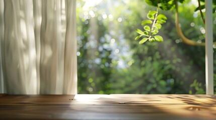 Poster - selective focusEmpty of wood table top on blur of curtain window and abstract green from garden with sunlight For montage product display or design key visual layout : Generative AI