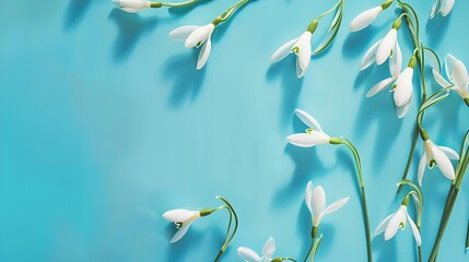 Poster - Creative layout made with snowdrop flowers on bright blue  background Flat lay Spring minimal concept : Generative AI