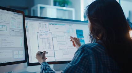 Leinwandbilder - Woman designer create website design wireframe Sketch prototype framework layout future design project UI and UX  user interface user experience designer Creative concept for web desig : Generative AI