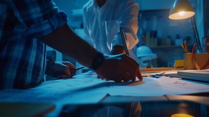 Poster - Engineer discussing meeting for architectural project working with partner and engineering tools on workplace Planning Design Draw Teamwork : Generative AI