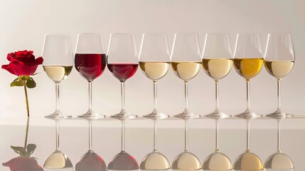Poster - Glasses with red rose and white wine standing in a line against white background with shadows and reflection Concept of taste alcohol wine degustation variety winemaking Flat lay : Generative AI
