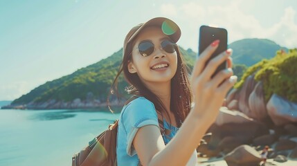Wall Mural - Young Asian woman traveler using mobile phone taking selfie while solo travel on tropical island mountain in summer sunny day Cheerful female enjoy outdoor lifestyle in holiday beach v : Generative AI