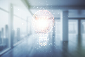 Poster - Abstract virtual light bulb illustration on modern interior background, future technology concept. Multiexposure
