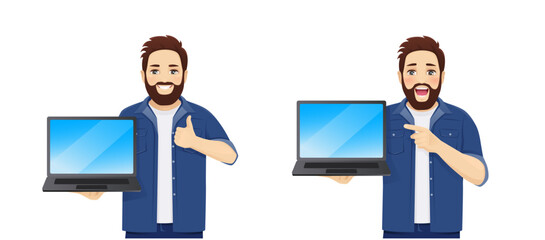 Handsome man in casual clothes showing pointing to blank screen laptop computer different posing isolated vector illustration
