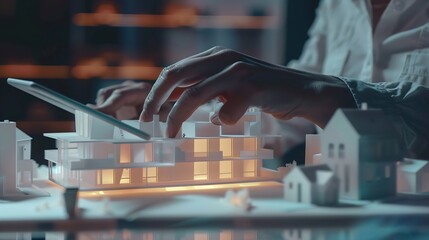 Leinwandbilder - Real estate agent with client or architect team discussing a housing model and its blueprints digitally using a tablet computer : Generative AI