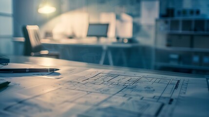 Fototapete - Construction housing project real estate concept Residential building blueprint plans Architect engineer office desk copy space template : Generative AI