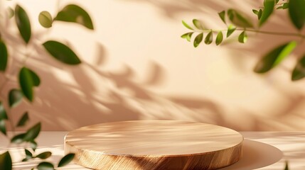 Poster - Wooden podium with leaves on beige background Concept scene stage showcase product promotion sale presentation beauty cosmetic Wooden stand studio empty : Generative AI