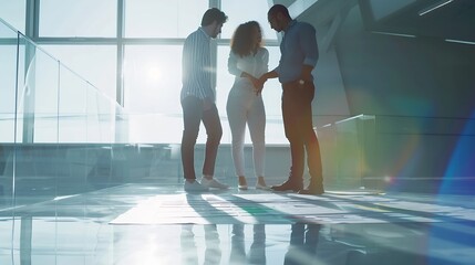 Aufkleber - Creative people looking at project plan laid out on floor Mixed race business associates discussing new project plan in modern office : Generative AI