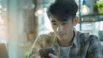Fototapete - Website designer Creative planning phone app development template layout framework wireframe design User experience concept Young asian man UX designer working on smartphone applicatio : Generative AI