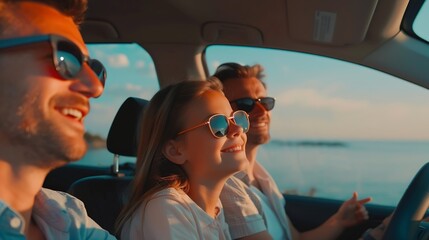 Wall Mural - Happy family on a road trip in their car Dad mom and daughter are traveling by the sea Summer ride by automobile : Generative AI