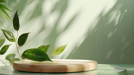 Poster - Wood product display podium with nature green leaves for presentation design : Generative AI