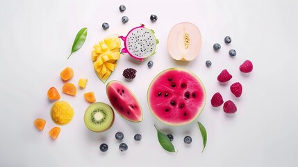 Aufkleber - creative layout made of summer fruits tropical flat lay food concept melon watermelon mangosteen dra