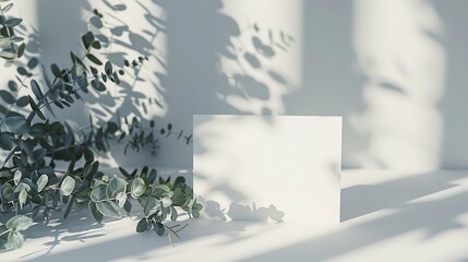 Aufkleber - Empty paper card and eucalyptus branches on the white table Natural sunlight with trendy shadows Minimalist style mockup : Generative AI