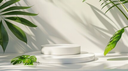 Aufkleber - White round template podium mockup for natural organic cosmetic product presentation ad concept on green eco forest fresh leaves nature flatlay background trendy stylish minimalist fla : Generative AI
