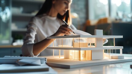 Aufkleber - A female architect holding and working on an architecture house model with shop drawing paper in the office : Generative AI