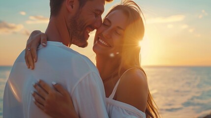 Wall Mural - Close up profile happy satisfied smiling young couple two friends family man woman 20s in white clothes hug rest together at sunrise over sea beach ocean outdoor seaside in summer day  : Generative AI