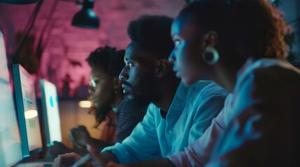 Fototapete - diverse team of professionals engaged in a website graphic design board meeting sharing opinions on UX and UI design elements Asian man African American people black afro caucasian fem : Generative AI
