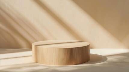 Poster - Round wooden saw cut cylinder shape on beige background abstract background Minimal box and geometric podium Scene with geometrical forms Empty showcase for eco cosmetic product presen : Generative AI