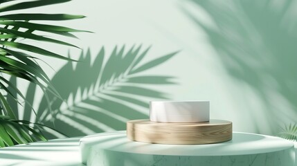 Aufkleber - Cosmetics product advertising stand Exhibition wooden podium on green background with palm leaves and shadows Empty pedestal to display product packaging Mockup : Generative AI