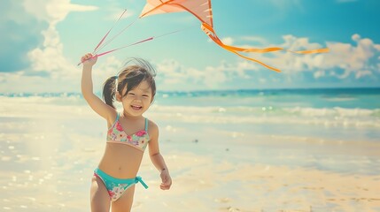 Wall Mural - Smiling little Asian child girl in swimwear running and playing kite on tropical beach in summer sunny day Happy children enjoy and fun outdoor activity lifestyle on travel beach vacat : Generative AI